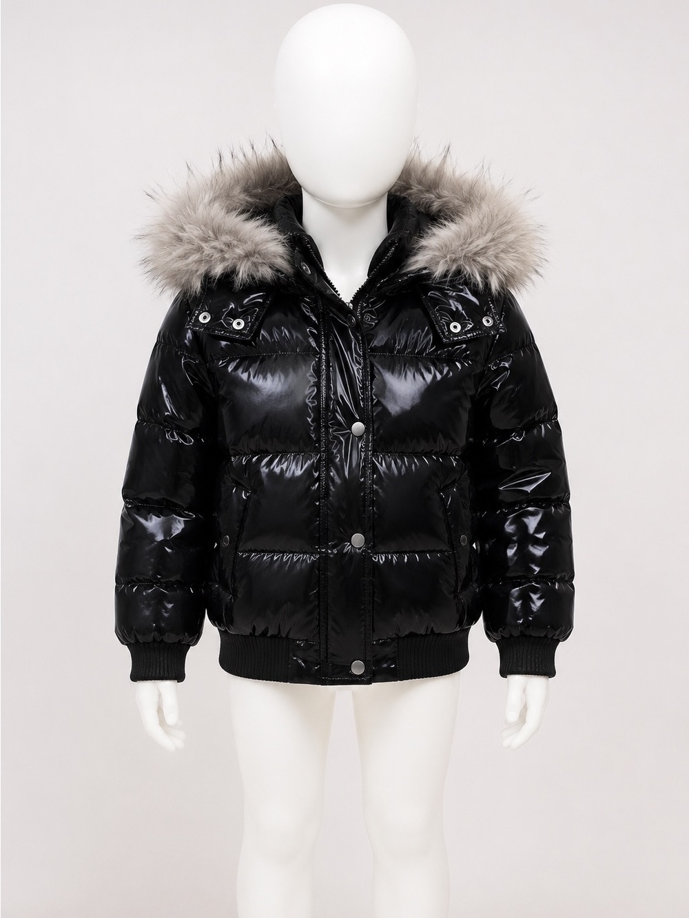 abercrombie kids Black Shiny Puffer Jacket with Faux Fur Trim